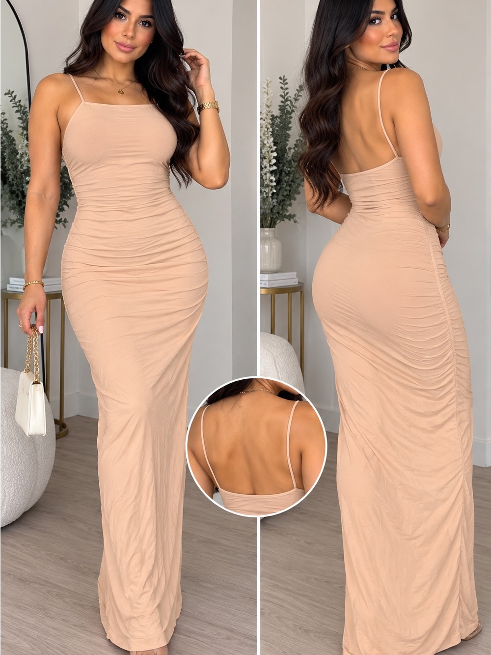 SHEIN Nude Ruched Spaghetti-Strap Maxi Dress
